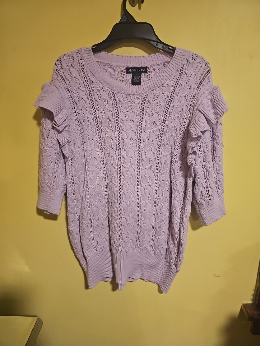 Design 365 Women's Size XL Lavender Short Sleeves Ruffle Cable Knit Sweater
